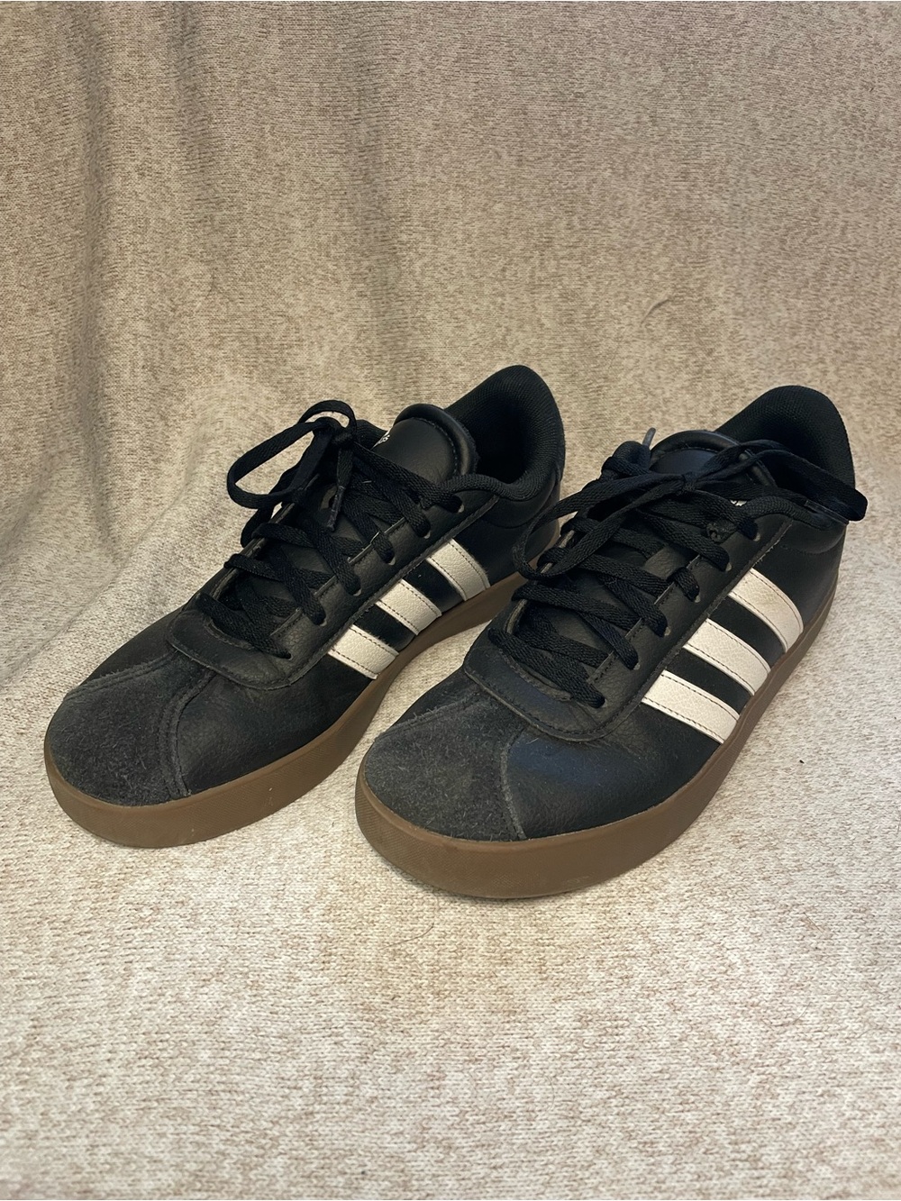 Adidas Black Kids Sneakers with White Stripes and Gum Sole